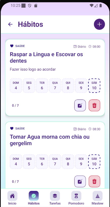 Tela de hábitos do Priorizza