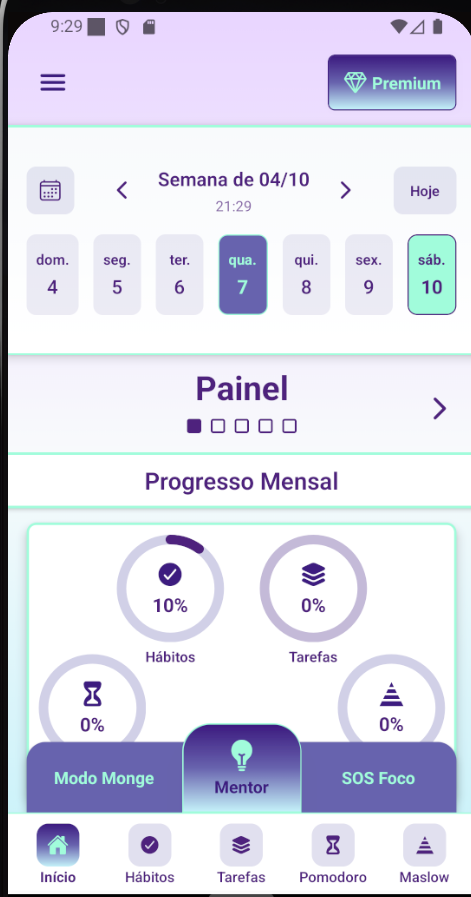 Painel do Priorizza com calendário e progresso mensal